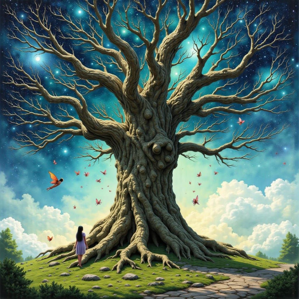 Ancient Galaxy Tree with Fairies in Watercolour