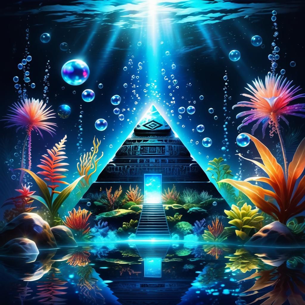Shimmering Moonstone Pyramid in Bioluminescent Ocean