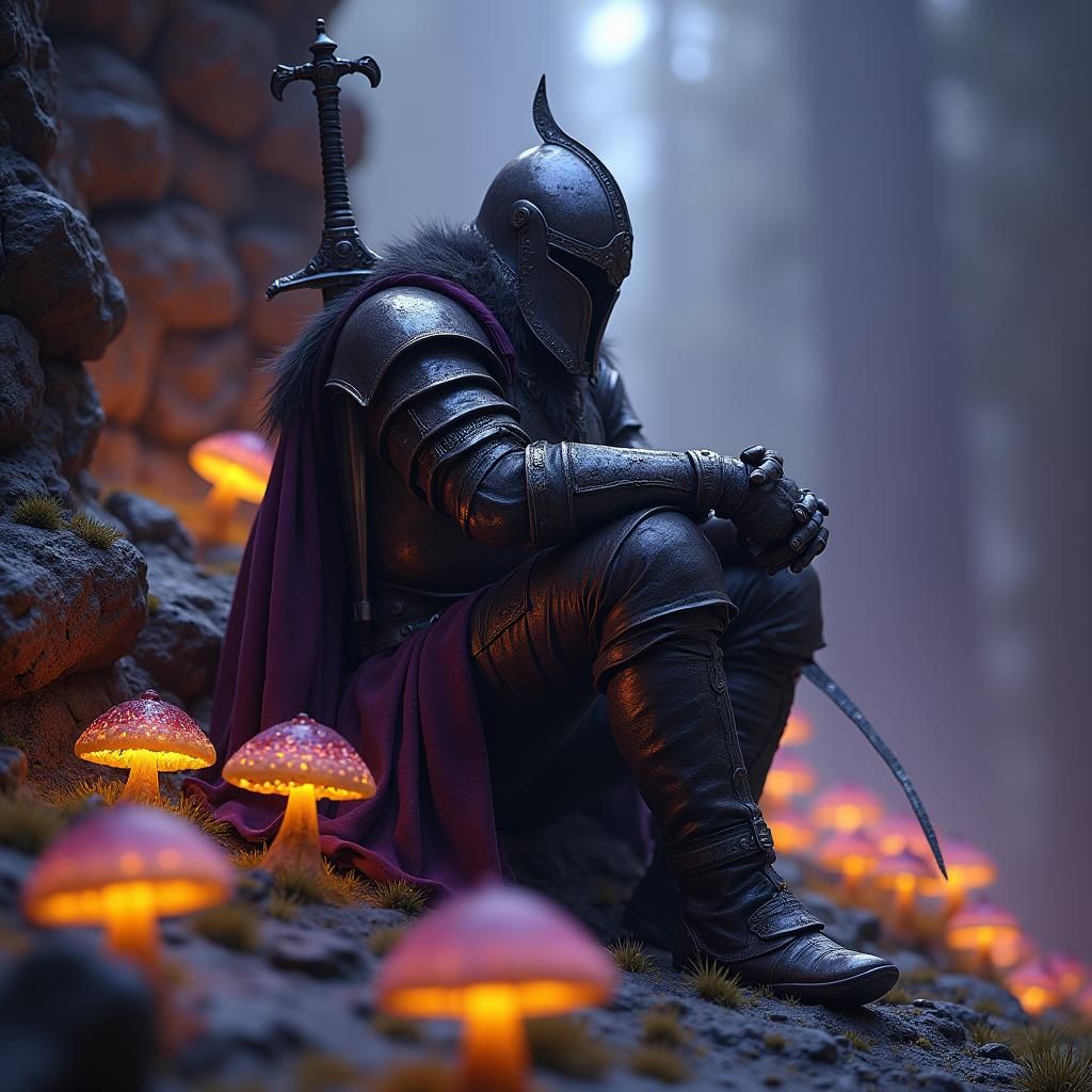 Weary Warrior Resting in Mushroom Grove