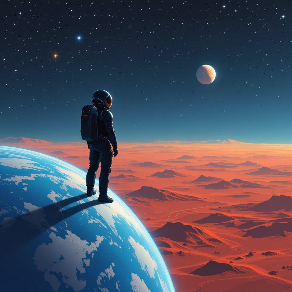 Astronaut on Earth Gazing at Mars, Sci-Fi Art