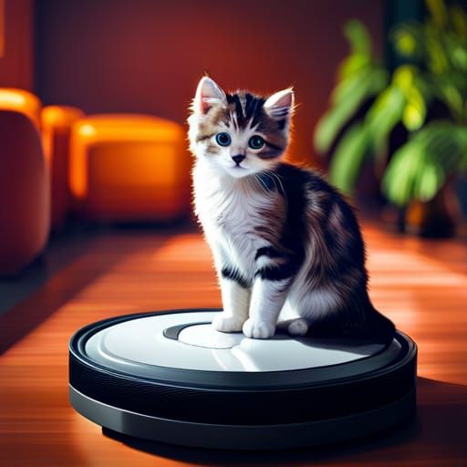 Kitten on Roomba in Spectacular Living Room