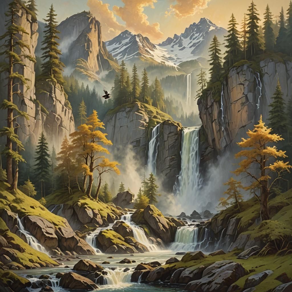 Mountain Landscape with Eagle in Golden Light