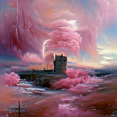 Ethereal Castle in Pink Skies: Oil Painting