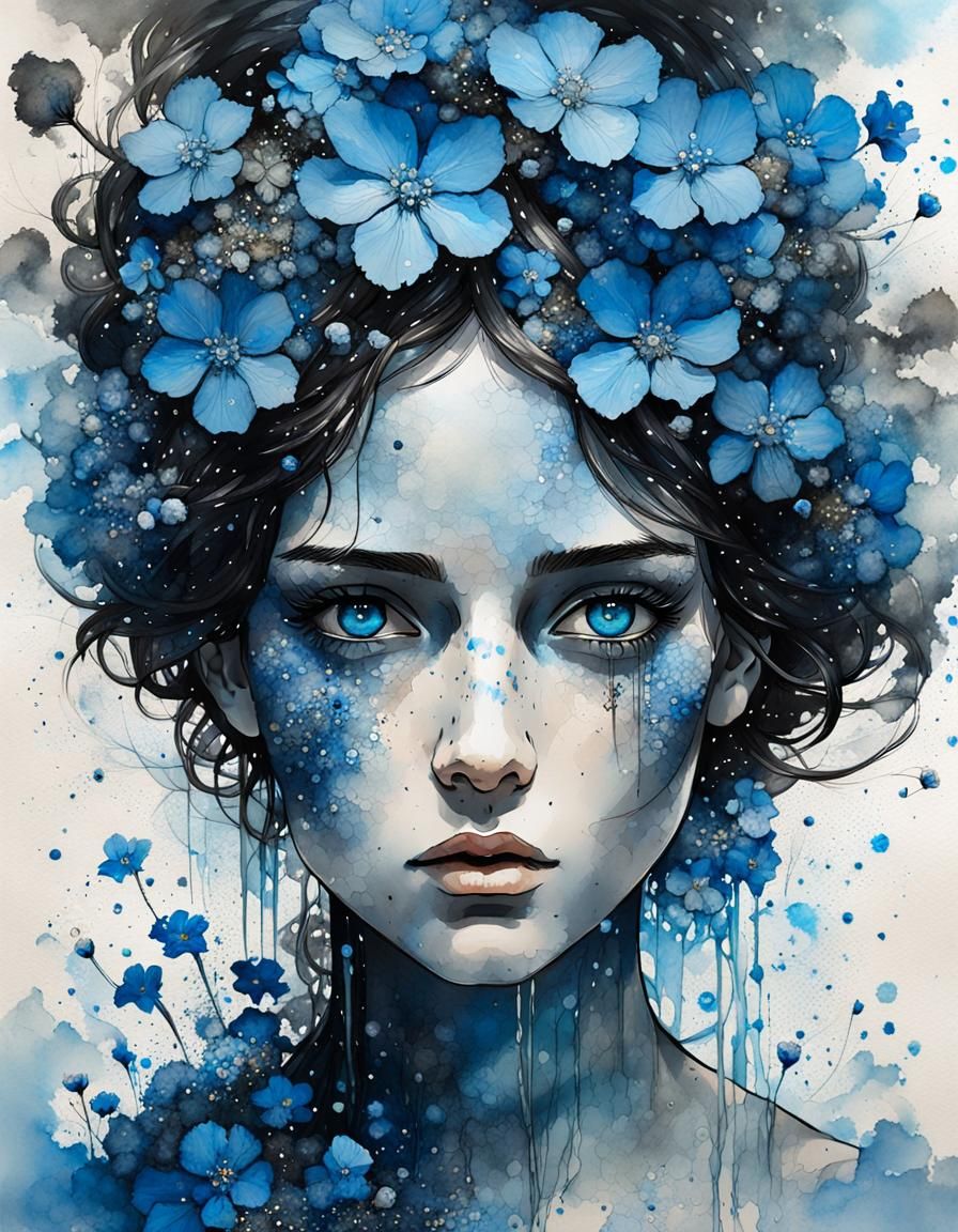 Goddess in Forget-Me-Nots: Gouache Ink Painting