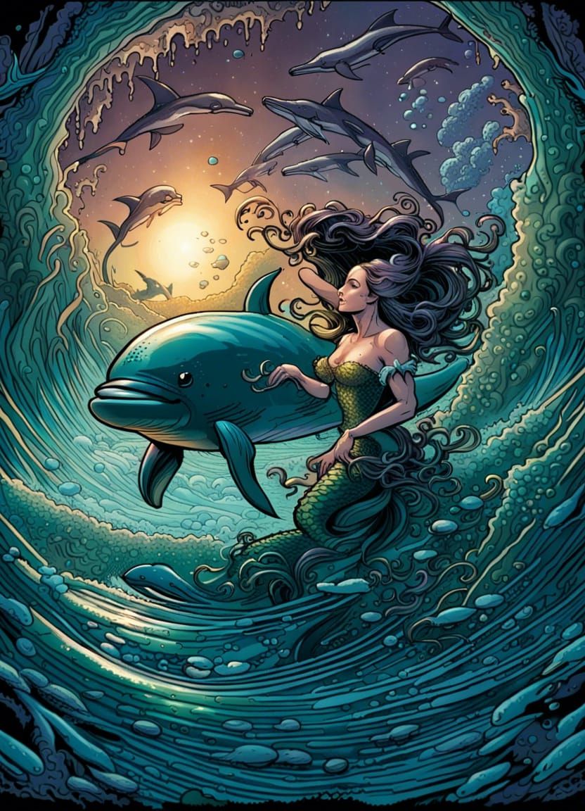 Mermaid and Dolphin Play in Comic Book Art