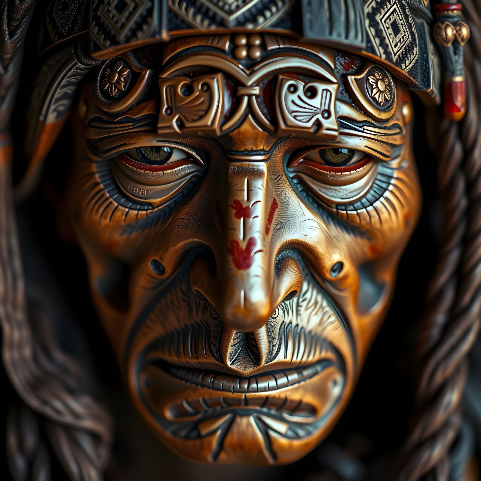 Detailed Carved Wood Portrait with Rich Textures
