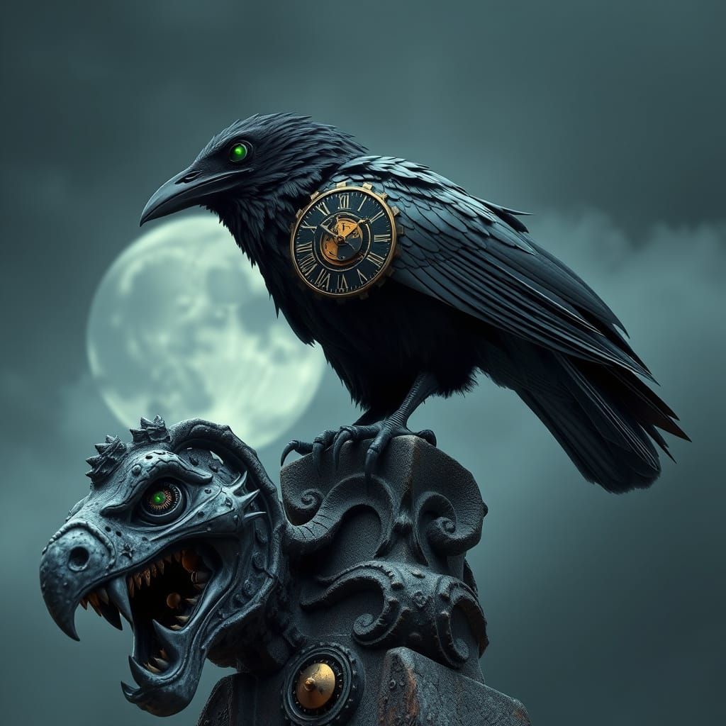 Gothic Clockwork Raven Soars in Moonlit Ruins