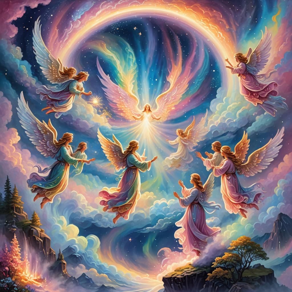 Angelic Chorus in Cosmic Aurora: A Mixed Media Illustration