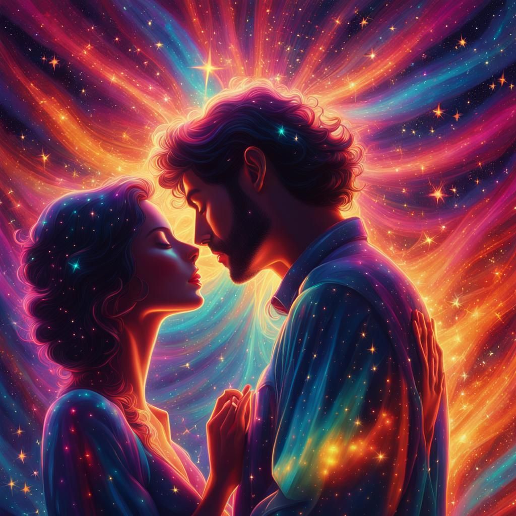 Psychedelic Embrace Amidst Glowing Stars
