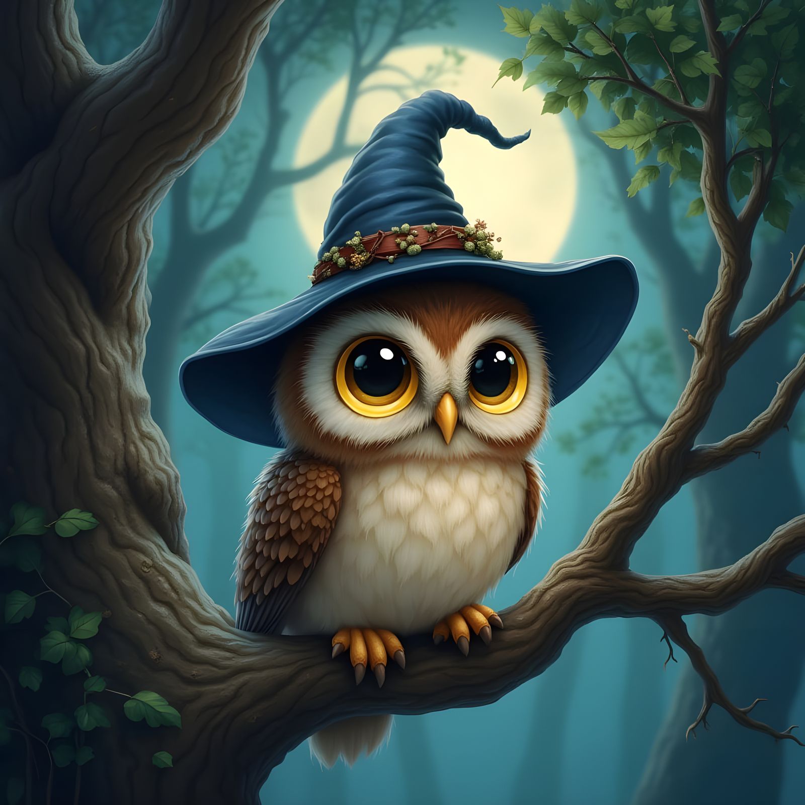 Cute Fluffy Owl With Witches Hat and Big Yellow Eyes