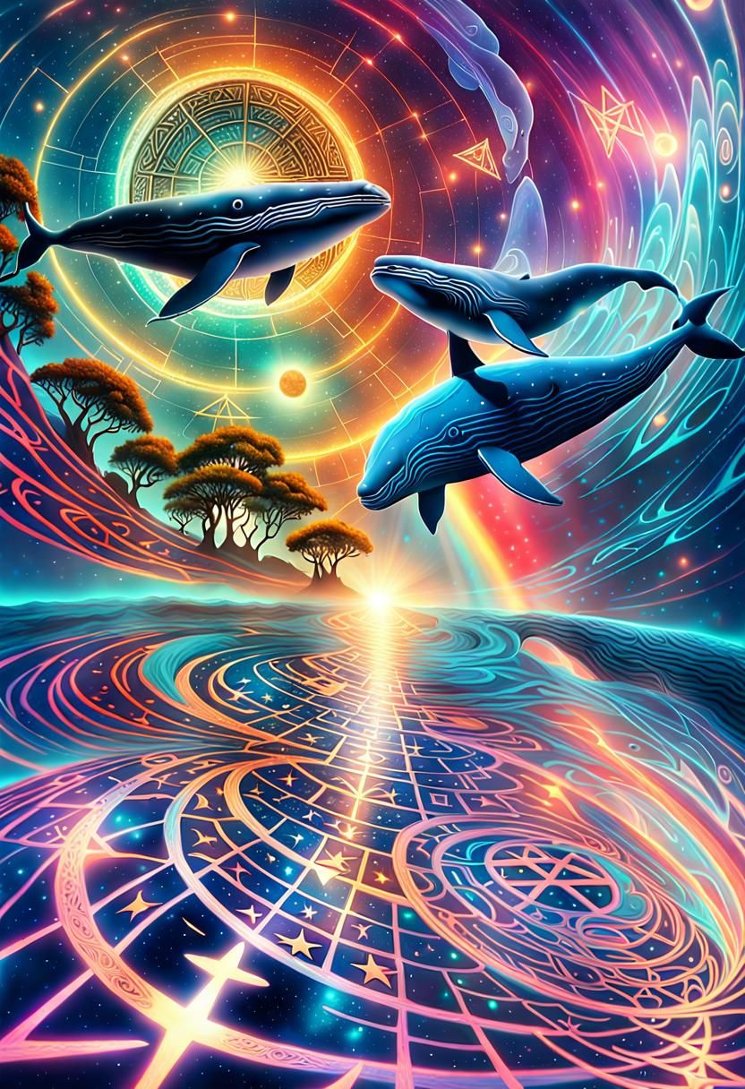 Cosmic Whales Breach Starry Portal in Surreal Ocean