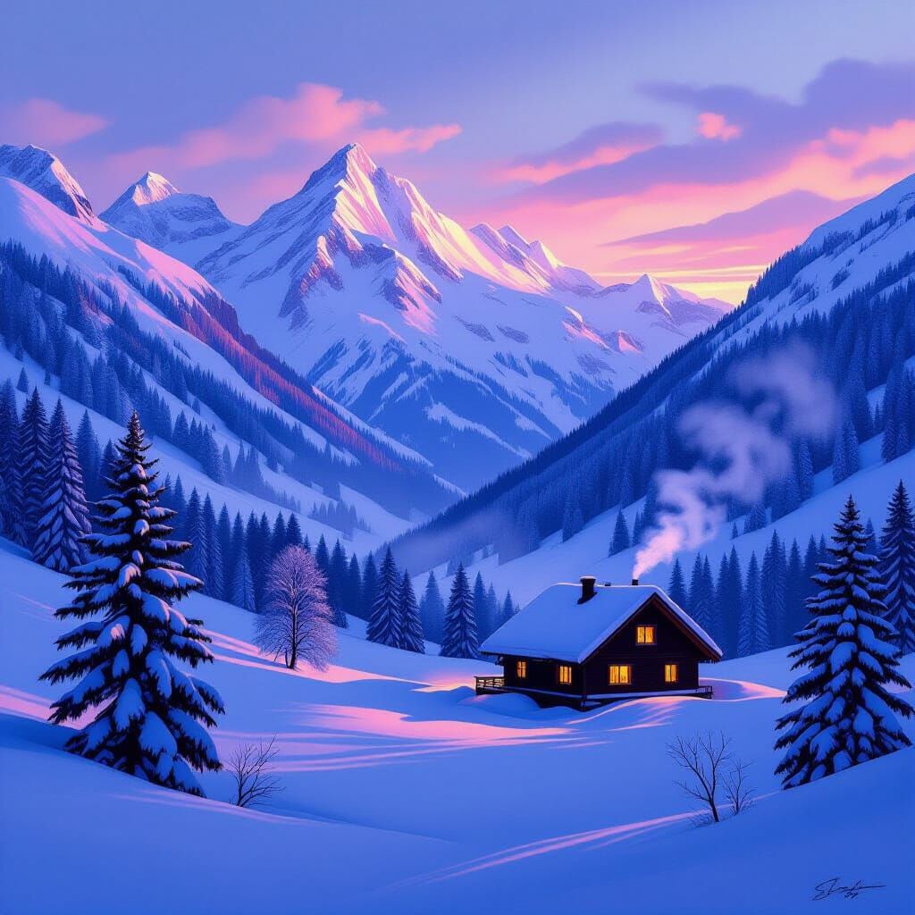Hyperrealistic Swiss Alps Chalet at Dawn
