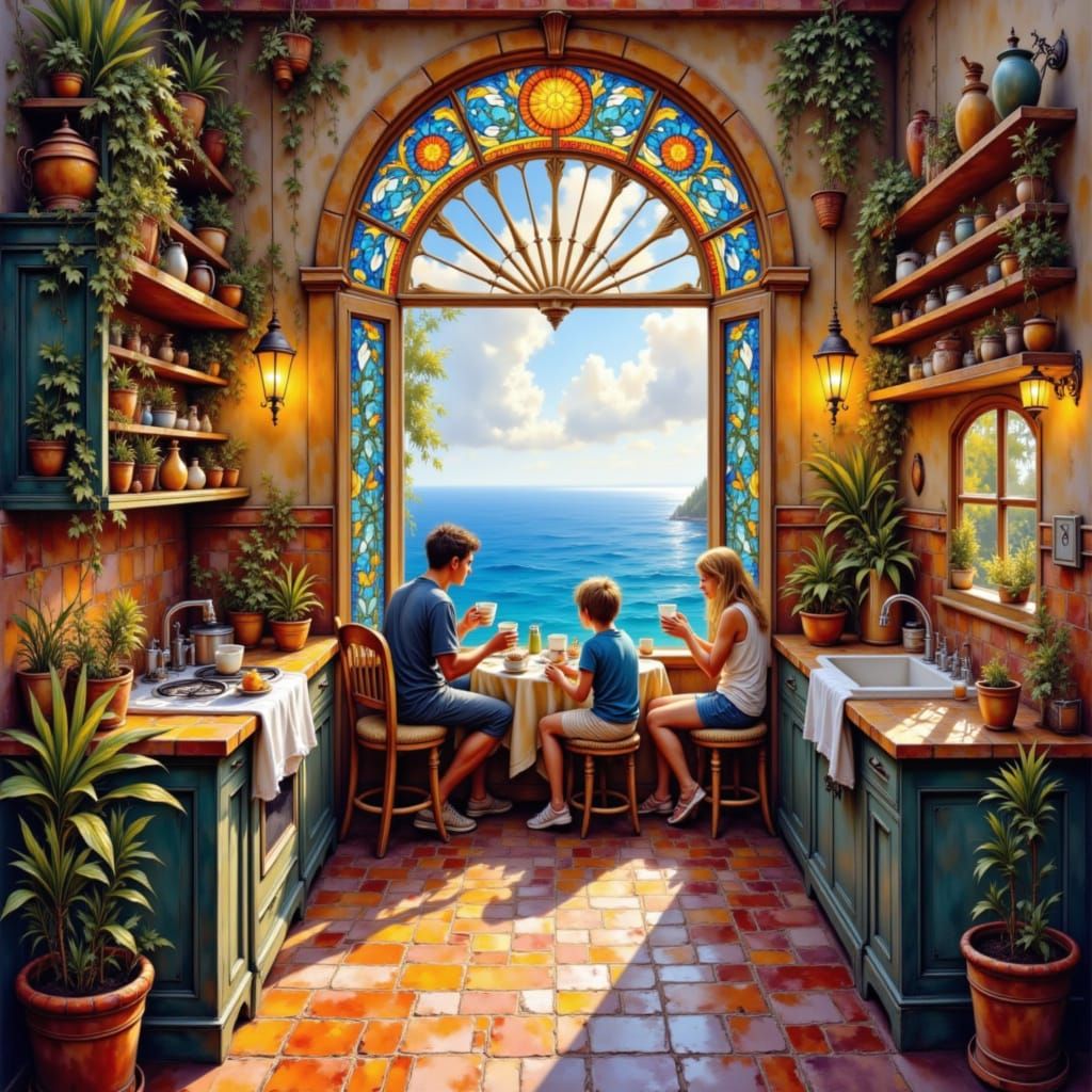 Cozy Ocean Kitchen with Stained Glass Glow