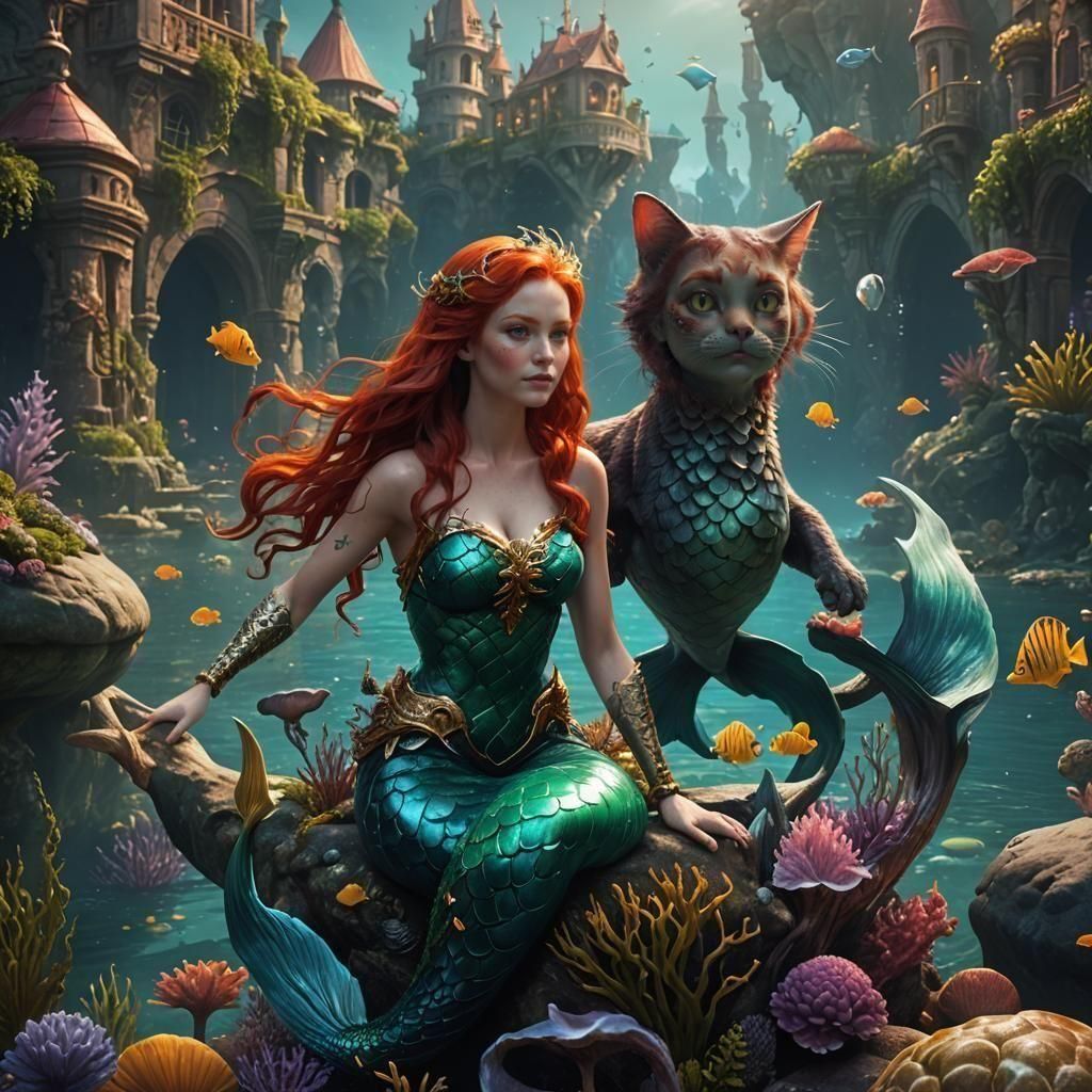Redhead Mermaid with a Mer-Cat: Fantasy Concept Art