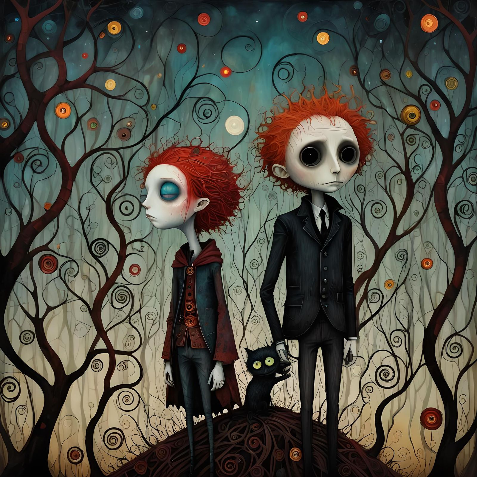 Gothic-Punk Redhead in Vibrant Abstract Fairytale Scene