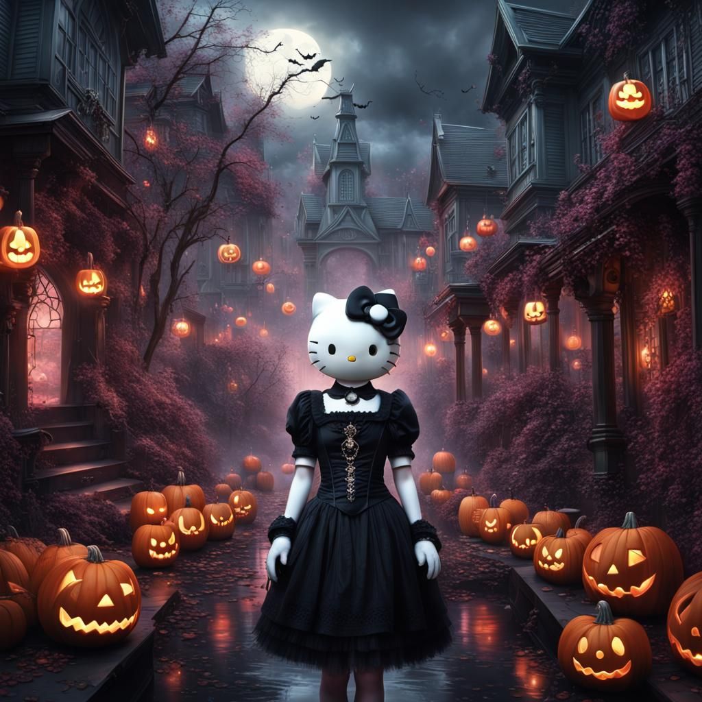 Extreme Epic Exquisite Hello Kitty Halloween Goth Magical girl Epic cinematic brilliant stunning intricate meticulously ...