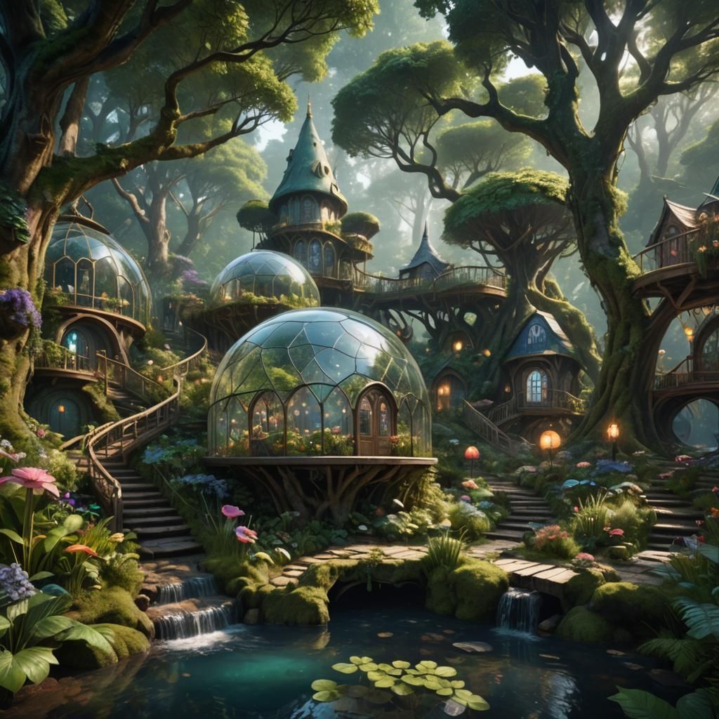 Glass Dome Houses in Fairy Forest: Fantasy Concept Art