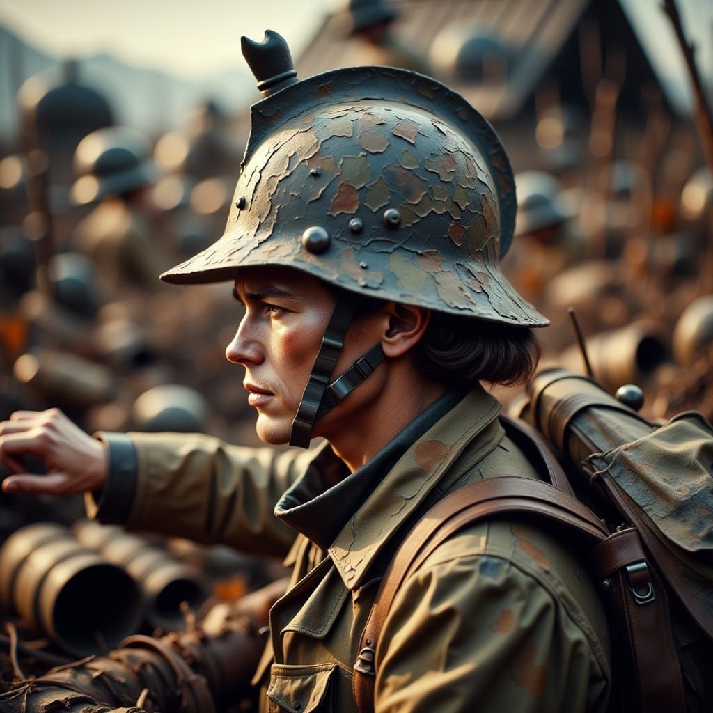 World War II Helmet in Trench, Impasto Painting