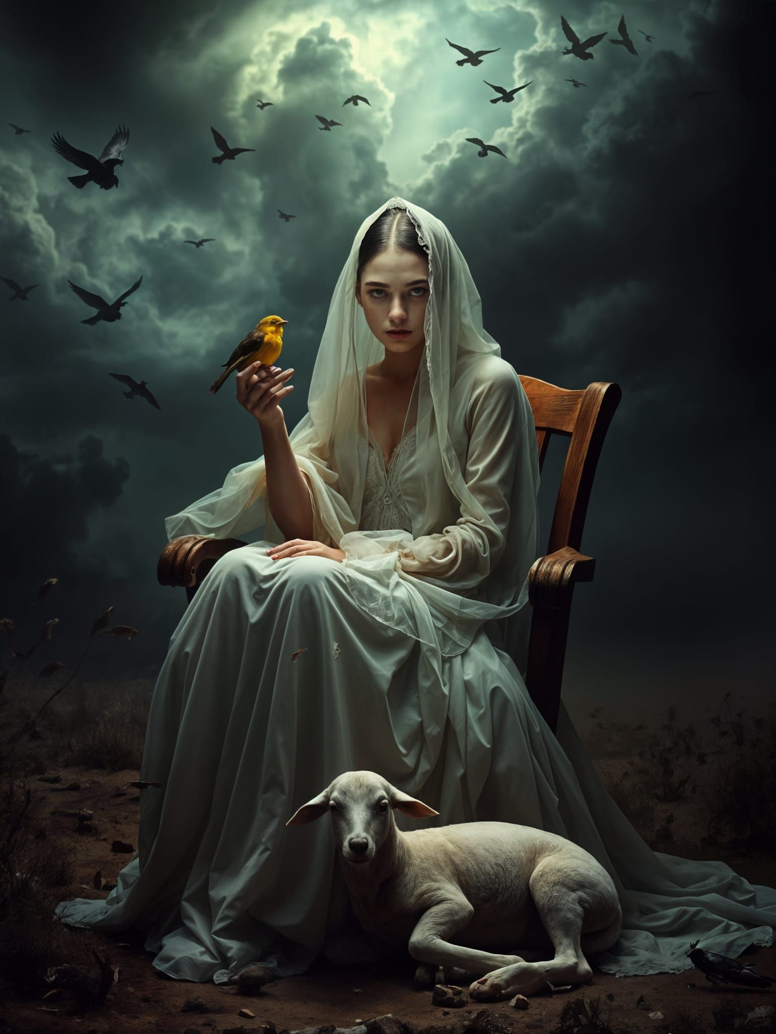 Elegance and Horror: Surrealist Scene with Woman and Canary