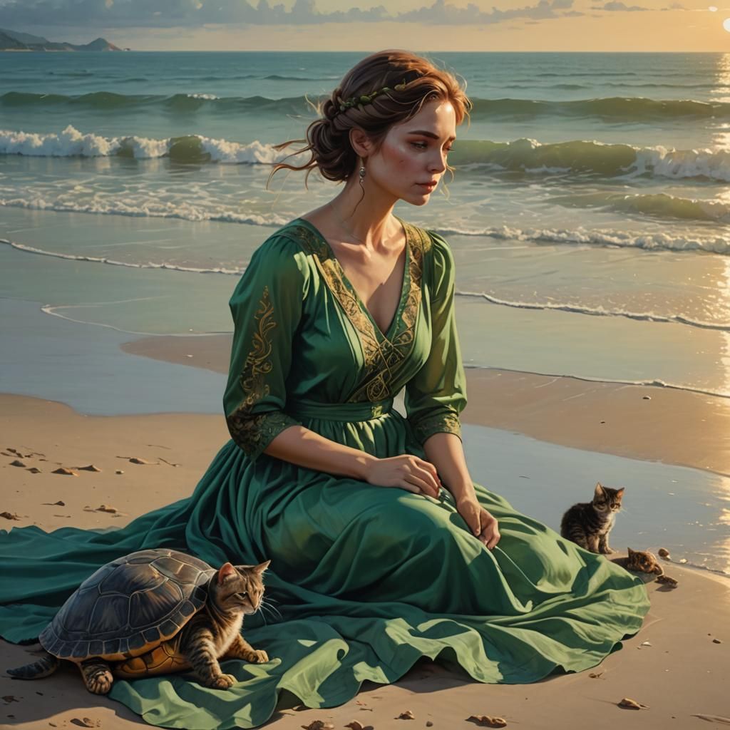 Woman, Kitten, and Turtle at Sunset: Hyperrealistic Art