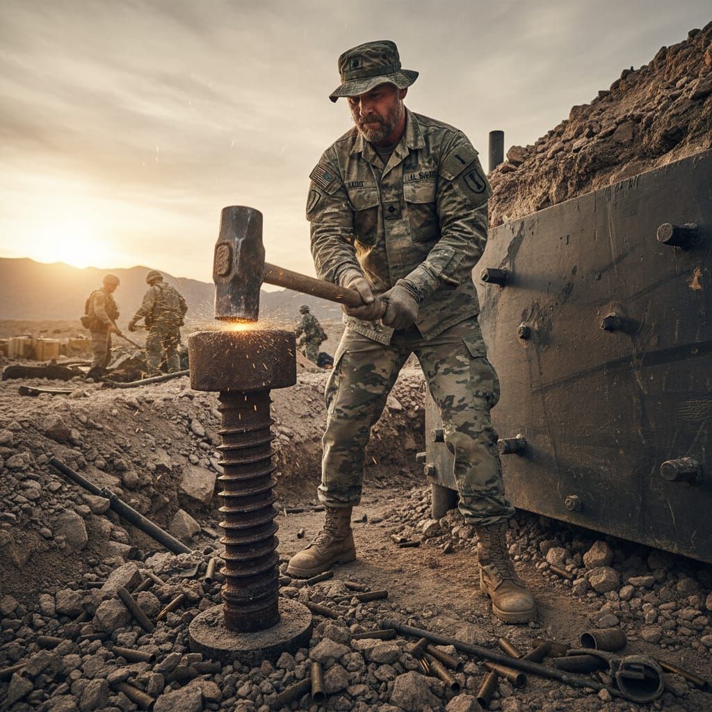 Soldier Hammers Giant Screw, Realistic Style
