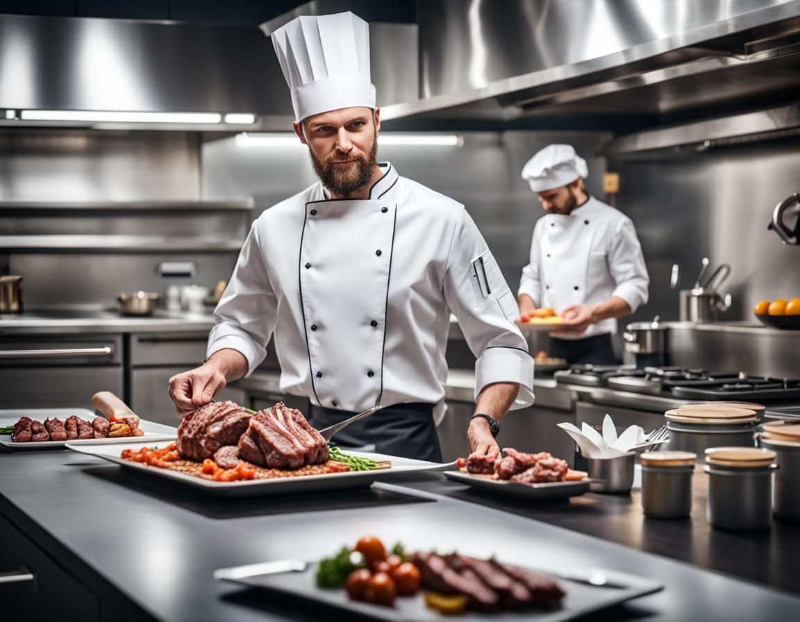 Modern Kitchen Cook with Meat Dish and Origami