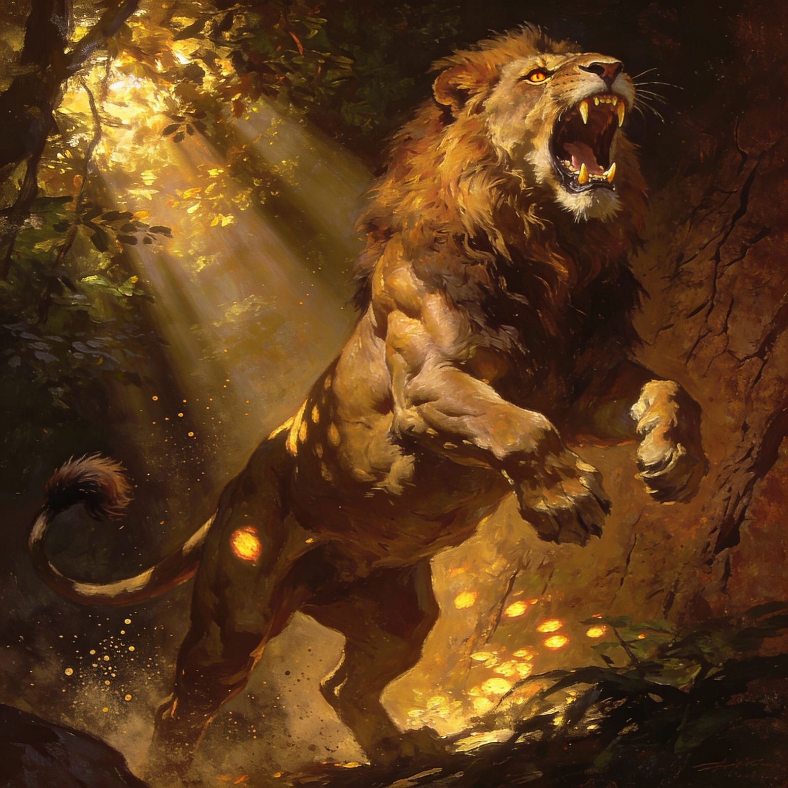 Powerful Lion Roaring in Sun-Dappled Forest Digital Painting