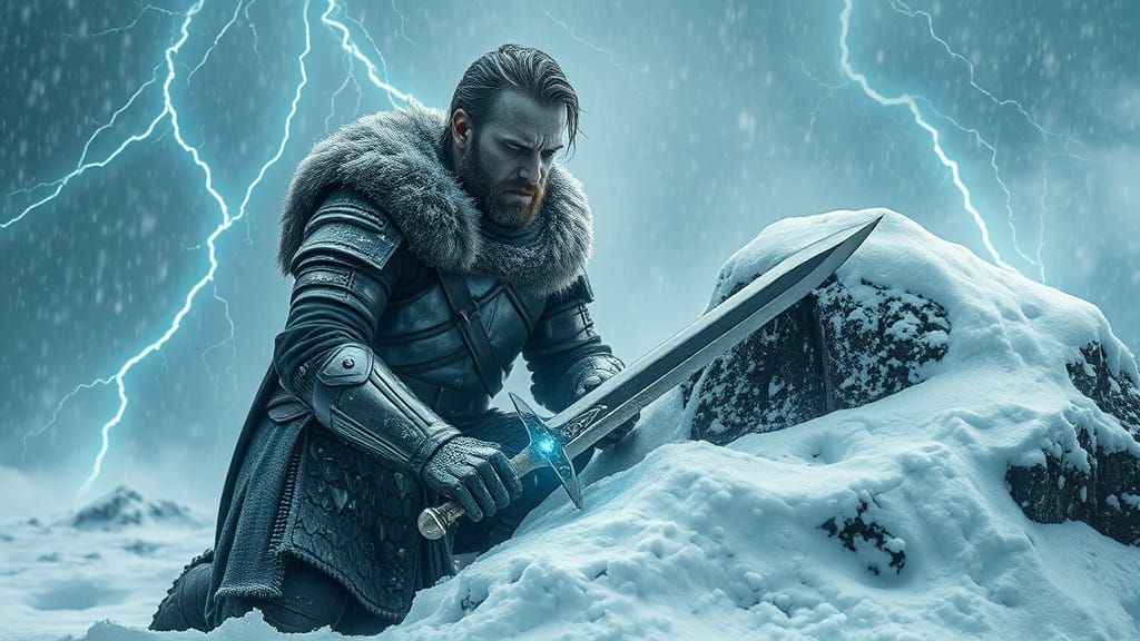 Warrior in Electric-Blue Snowstorm, Excalibur Piercing Rock