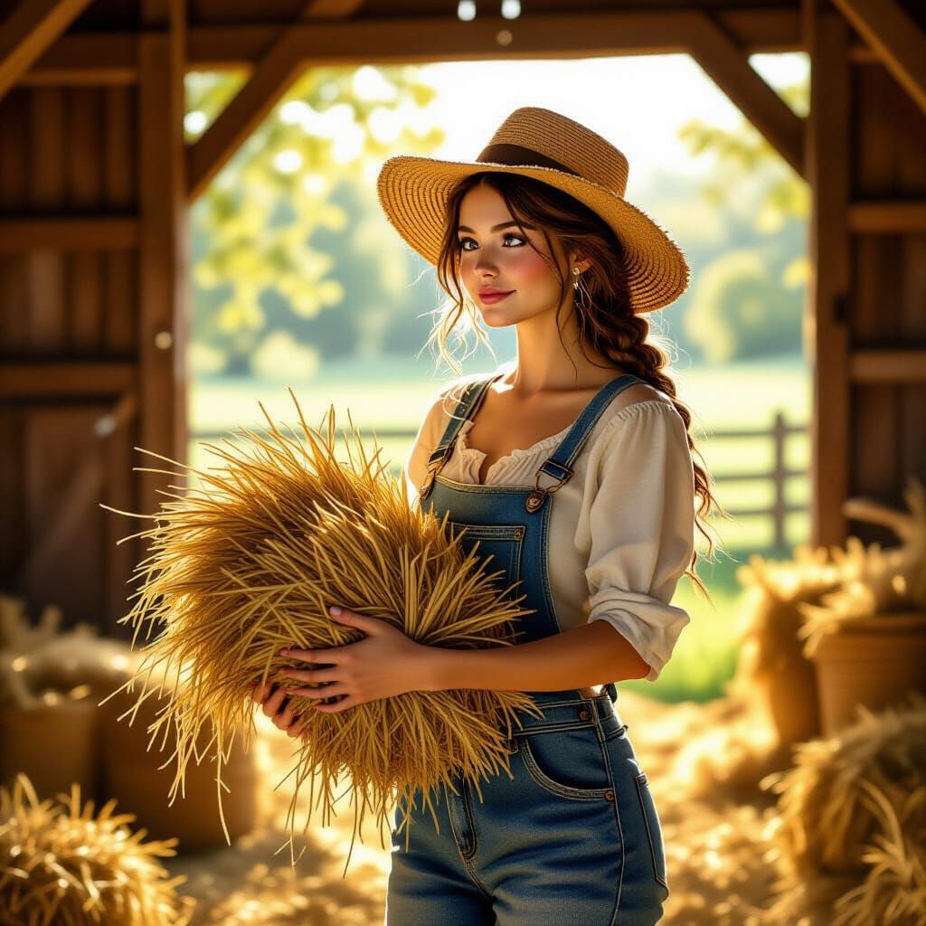 Rustic Fairy Farmer in Cozy Barn, Whimsical Illustration