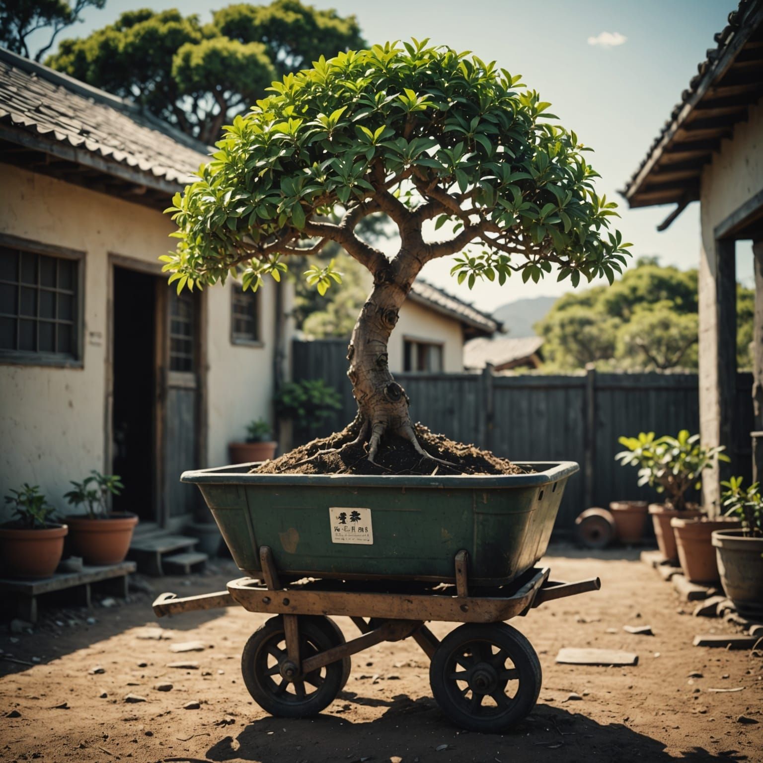 Bonsai Baobab Tree Growing in Wheelbarrow