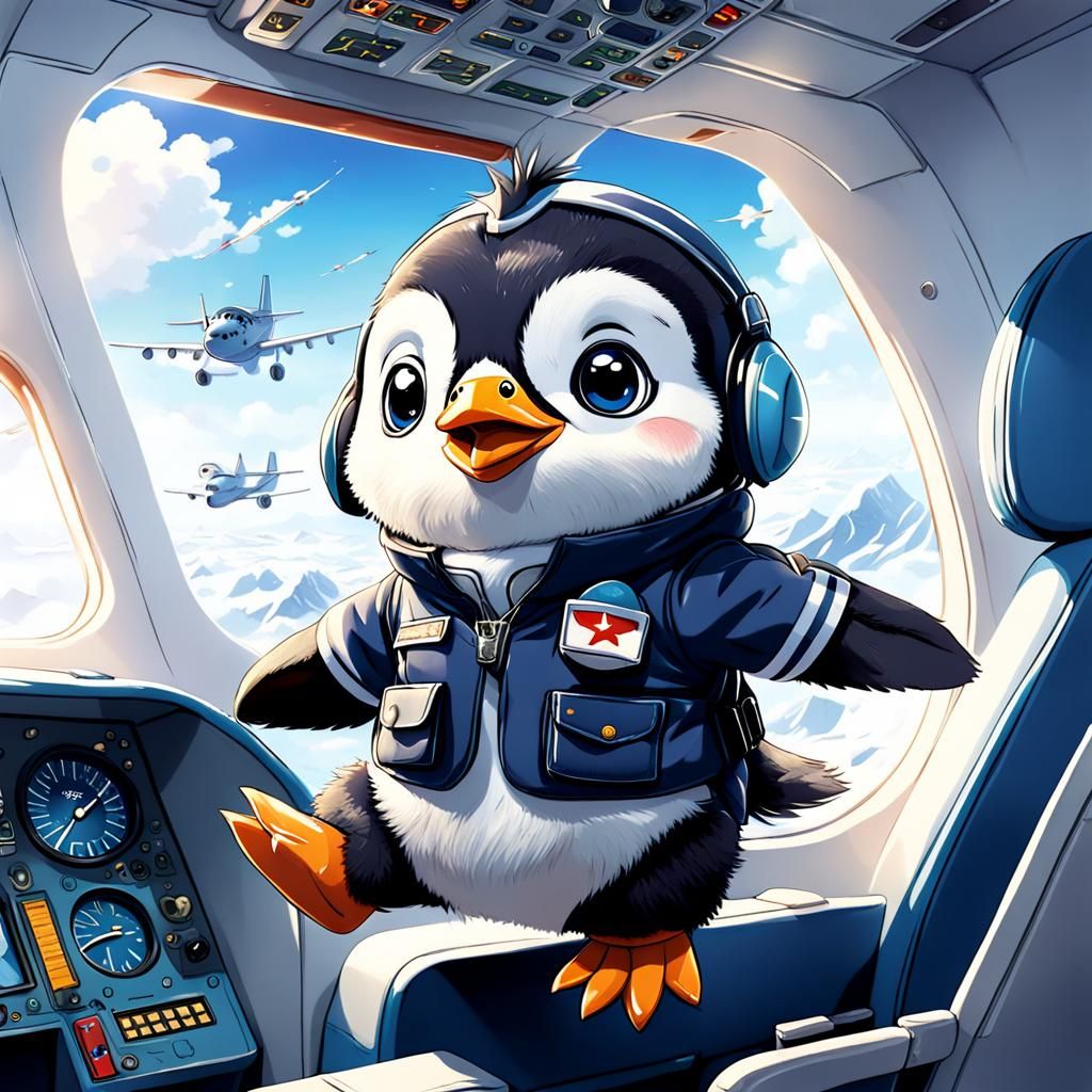 Baby Penguin Pilot Soaring in Anime Style