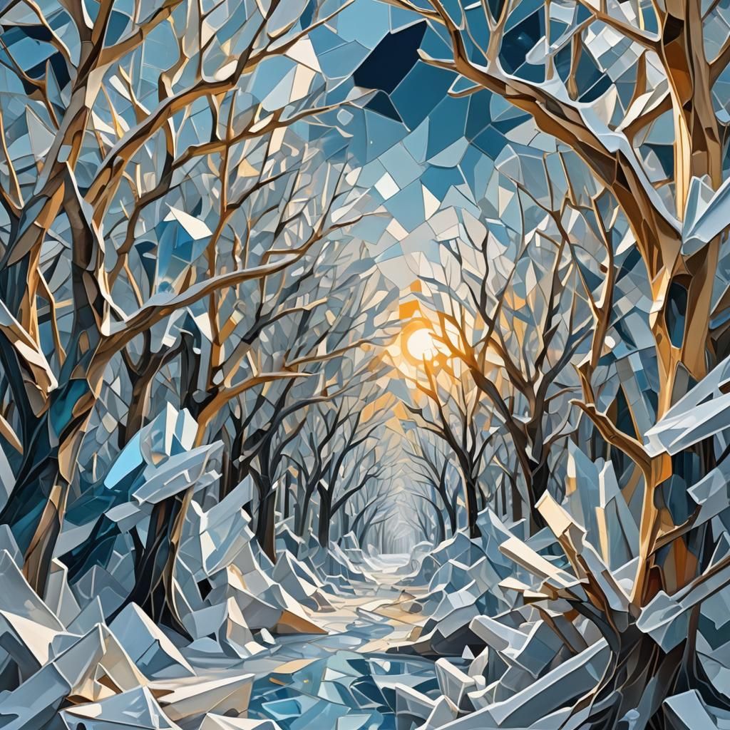 Fractured Winter Landscape in Abstract Cubism Style