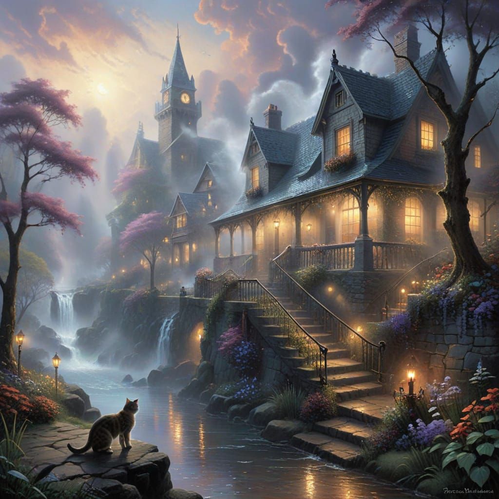 Ethereal Fantasy Cat in Misty Landscape