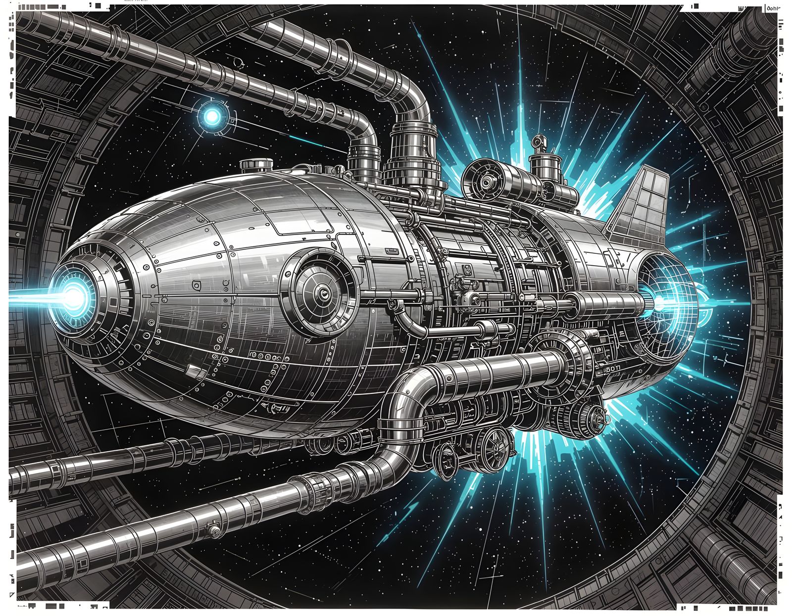 Colossal Steampunk Engine Schematic Illustration