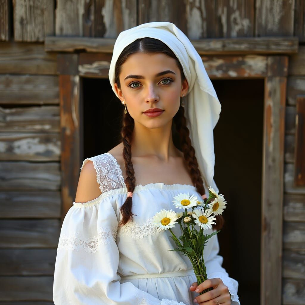 Impressionistic Woman with Daisies in Golden Light