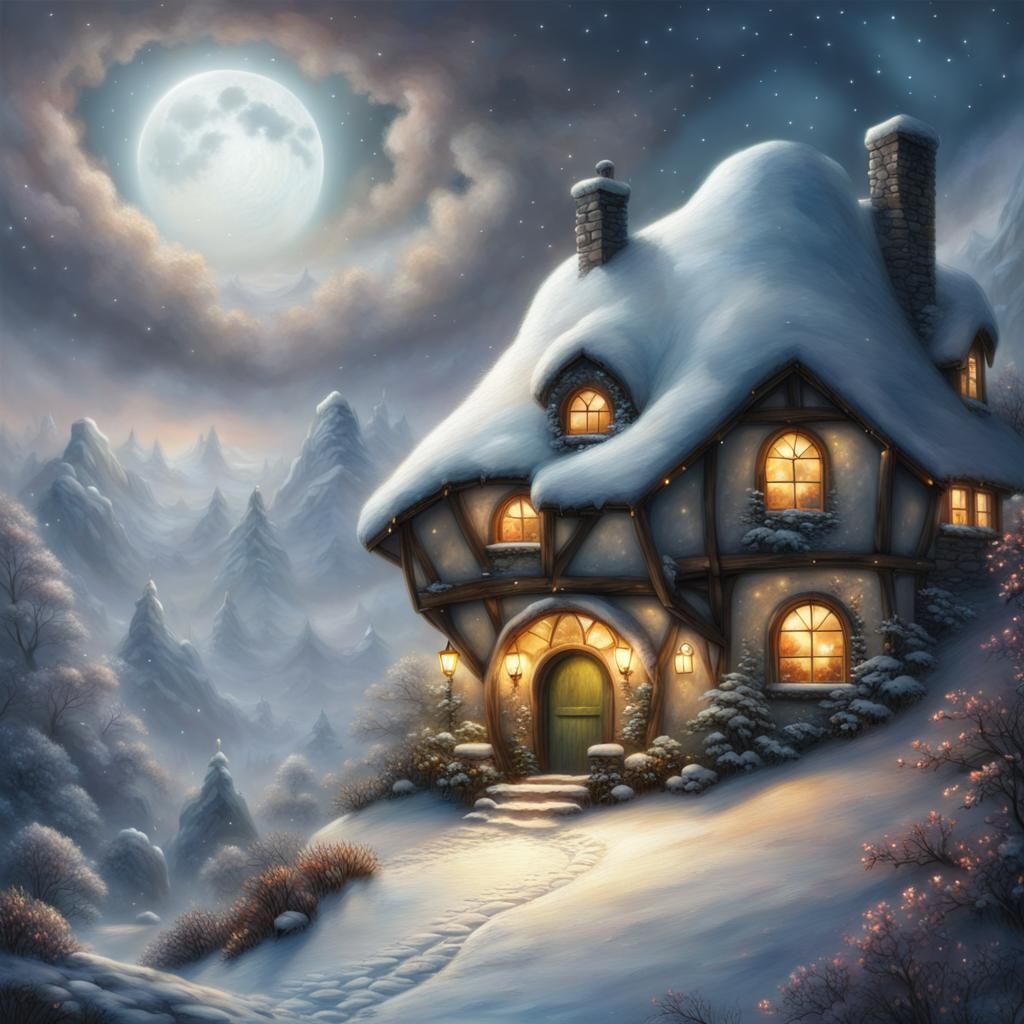 Moonlit Hobbit House in Snowy Landscape