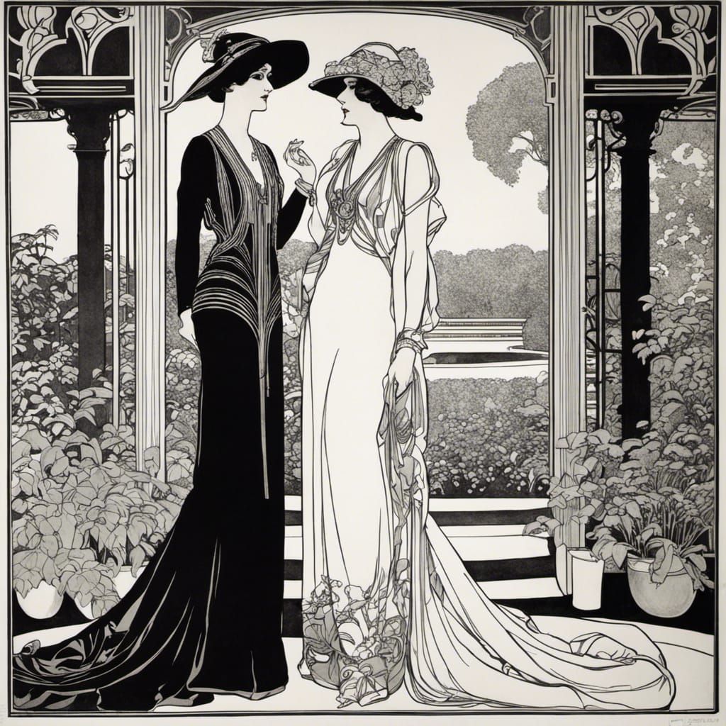 Elegant Women in Art Deco Garden, Ink Drawing