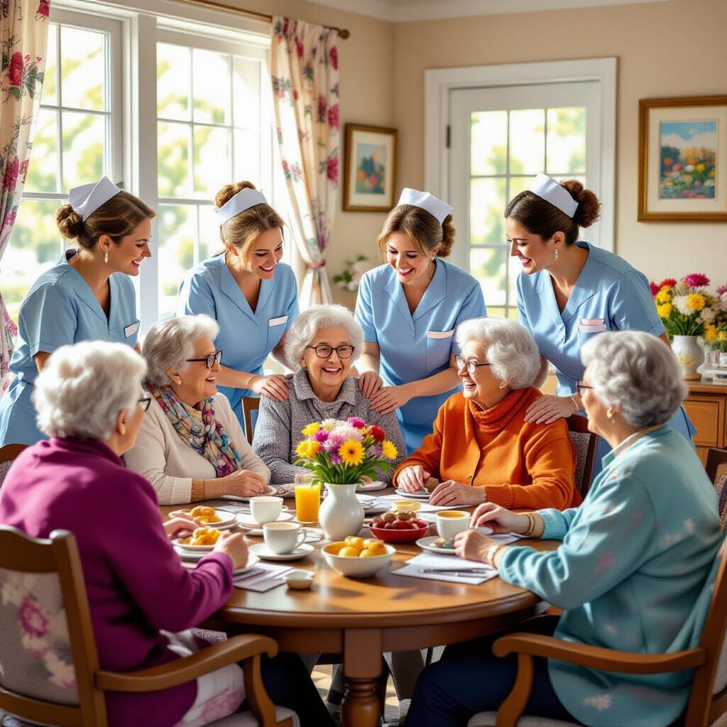 Heartwarming Nursing Home Scene with Caring Staff and Reside...