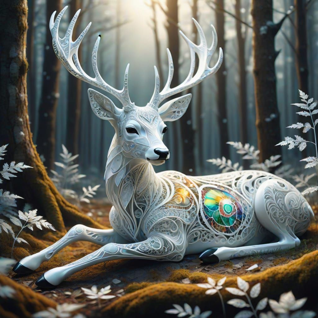 Mystical Deer in Forest with Zentangle Patterns