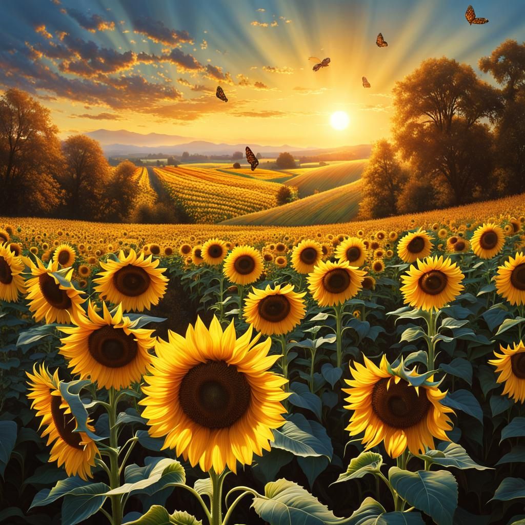 Sunflower Field with Butterfly, Detailed Matte Painting