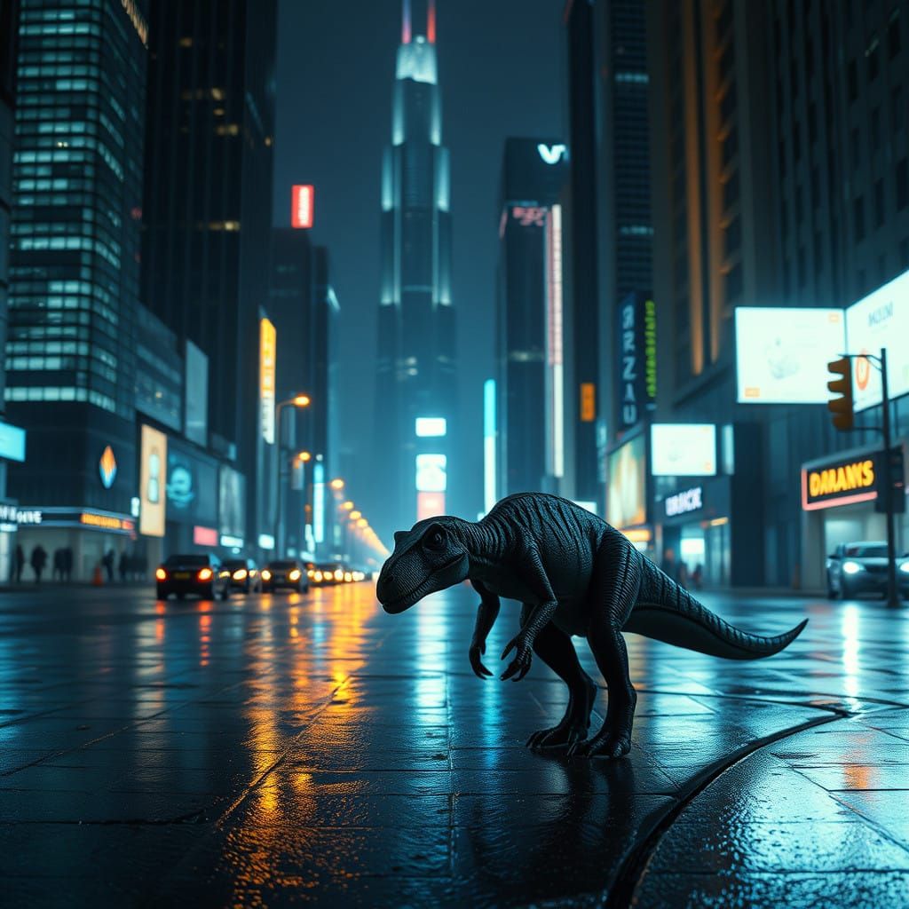 Futuristic Cityscape with Adopted Dinosaur in 2100
