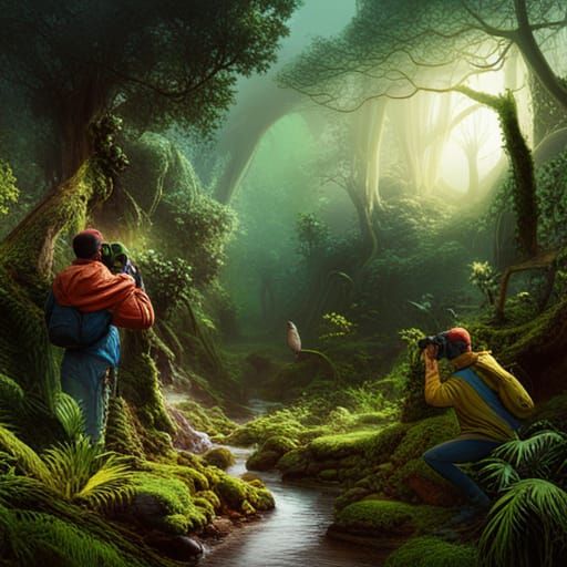 Birdwatchers in Forest: Detailed Matte Painting