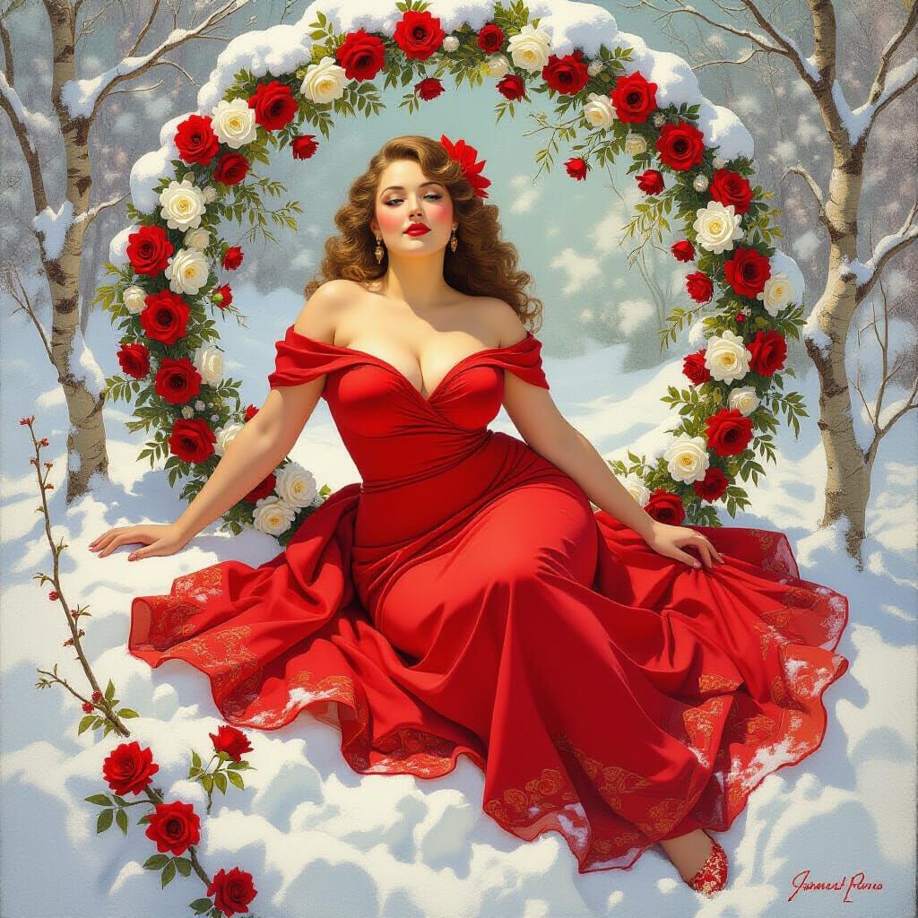 Curvy Woman in Roses, Art Nouveau Winter Scene