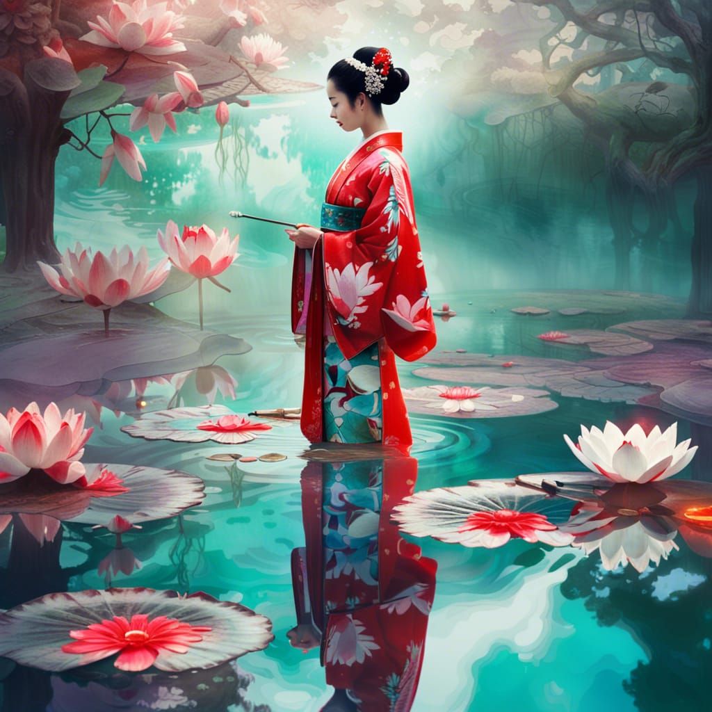 Geisha at Lotus Pond in Neo-Surrealist Style