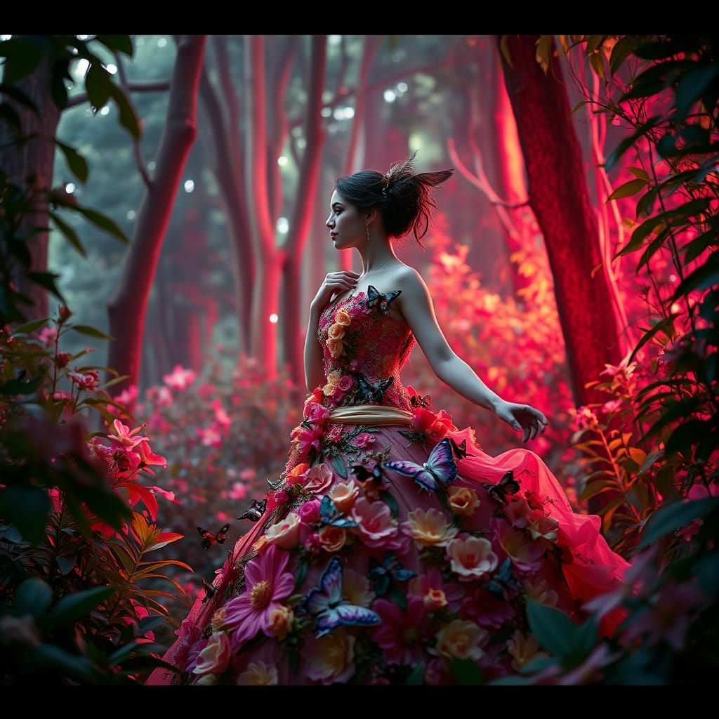 Woman in Floral Gown in Lush Forest, Cinematic Style