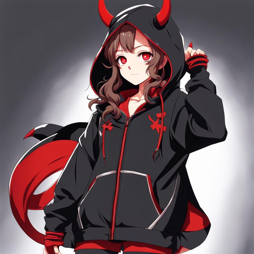 Anime Demon Girl with Oversized Hoodie
