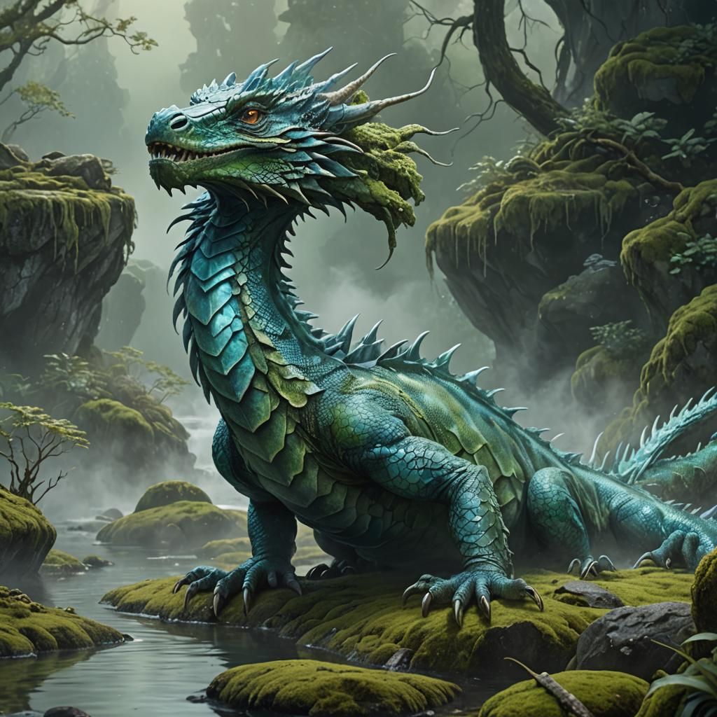 Majestic Water Dragon Rising from Misty Lake