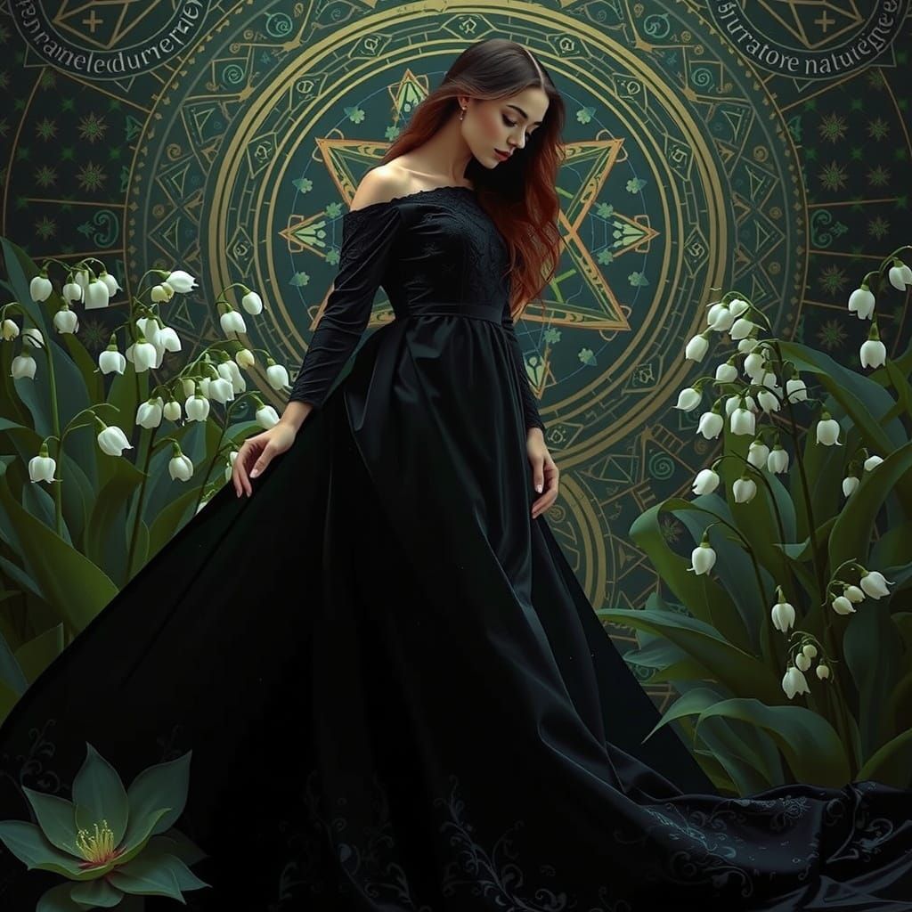 Gothic Bohemian Goddess Amidst Lush Lily of the Valley