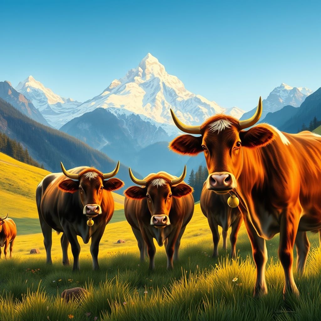 Indian Cows Grazing in Swiss Alps Valley