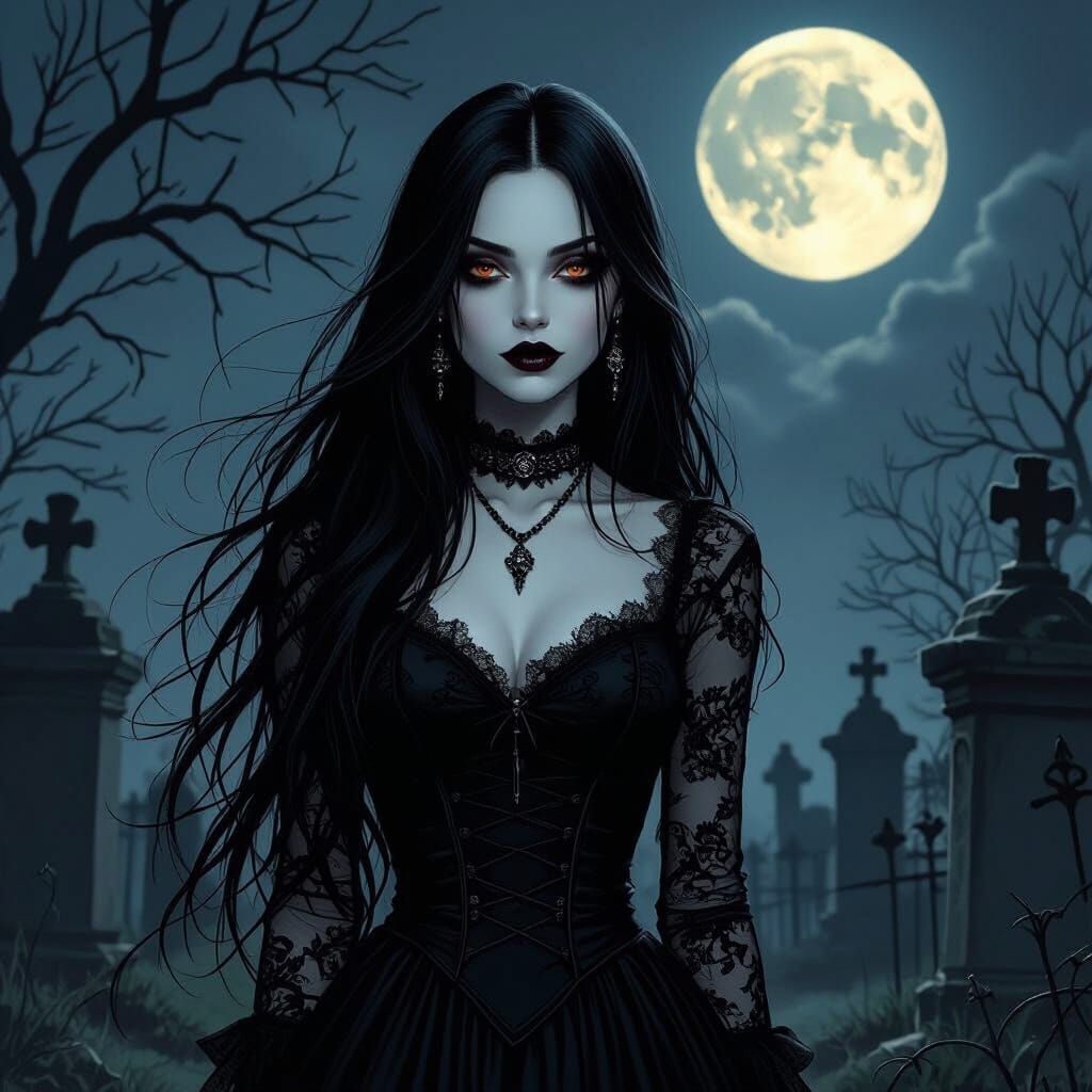 Goth Vampire Girl in Moonlit Victorian Cemetery